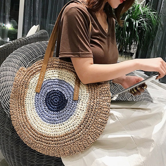 ❤️❤️❤️❤️Tan Basket Straw Top Handle Bag Beach Vacation Shoulder Tote Purse NEW - Picture 8 of 12